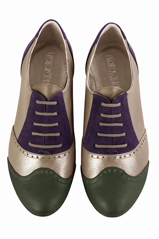 Forest green, gold and amethyst purple women's fashion lace-up shoes. Round toe. Flat leather soles. Top view - Florence KOOIJMAN